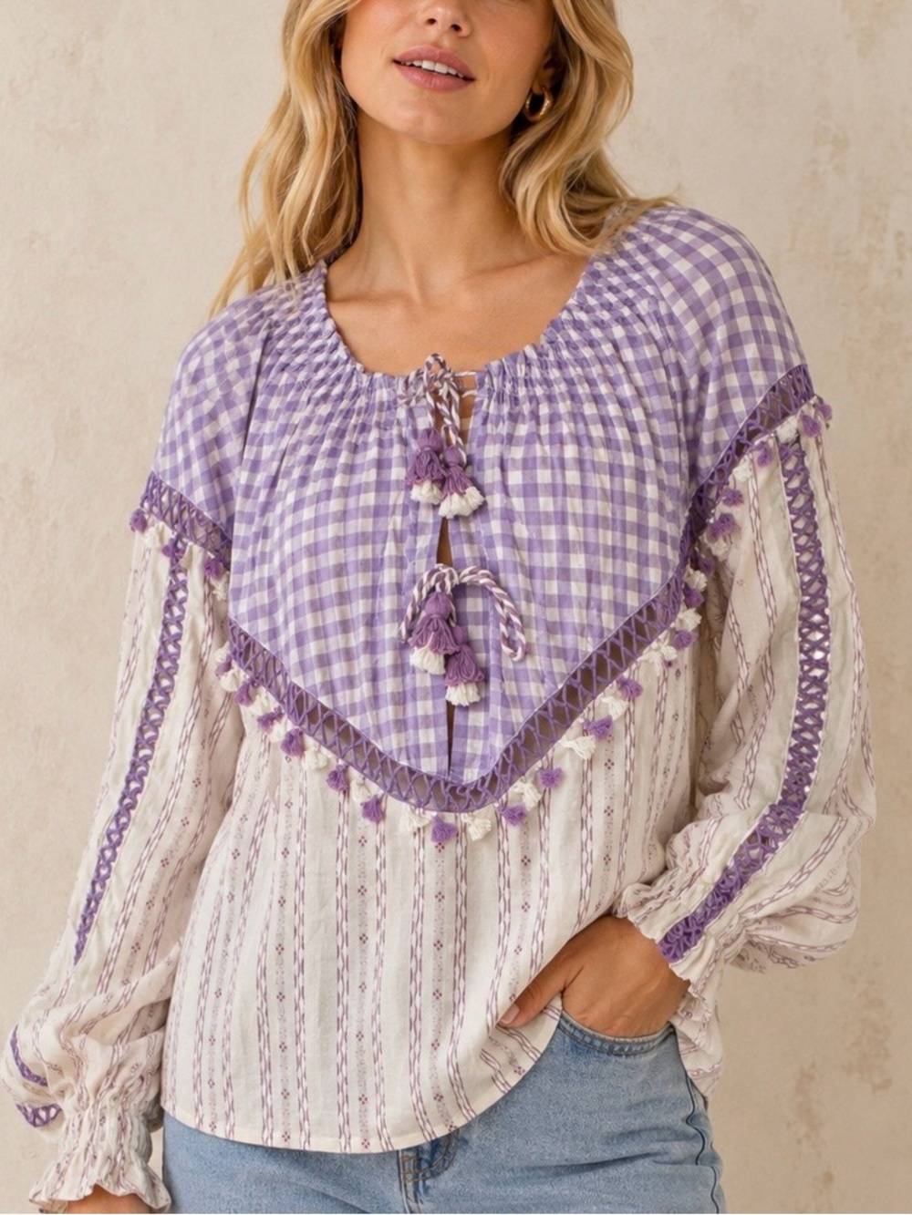 Dodo Bar Or Lavender Gingham Tassel Peasant Blouse - Women's Top